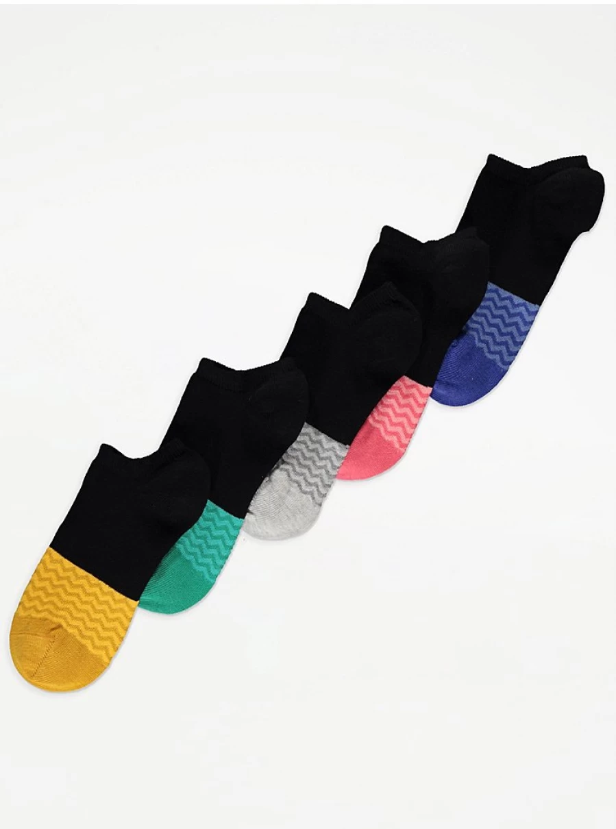 George at Asda Black Zig Zag Pattern Trainer Liner Socks 5-Pack - Comfortable & Breathable Athletic Socks for Men & Women