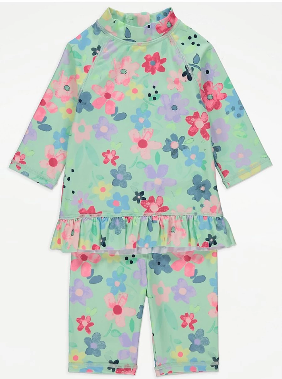 "George at Asda Girls' Green Floral Long Sleeve Swim Top and Shorts Set – Kids' UV Protection Swimwear"
