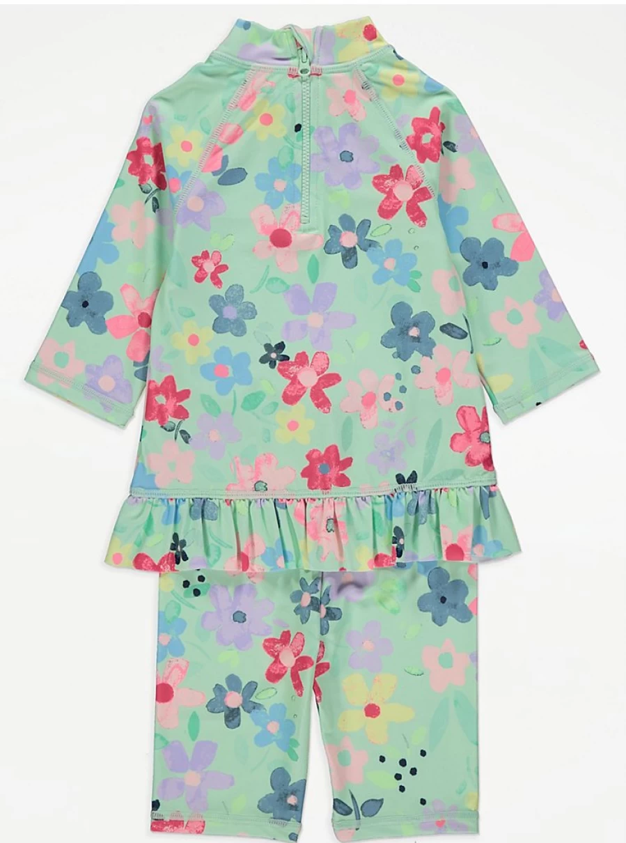 "George at Asda Girls' Green Floral Long Sleeve Swim Top and Shorts Set – Kids' UV Protection Swimwear"