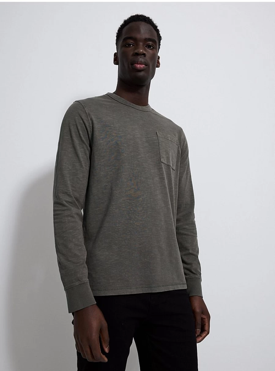 Men's Grey Slub Long Sleeve Pocket T-Shirt | Casual Stretch Comfort Fit | George at Asda