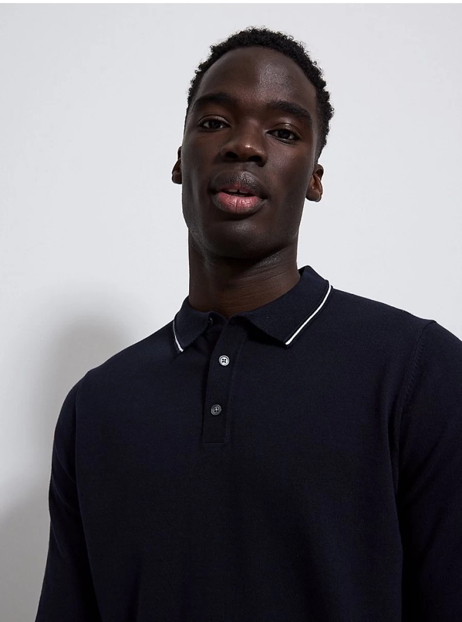Men's Navy Long Sleeve Knit Polo Shirt | George at Asda | Comfort Fit Casual Top