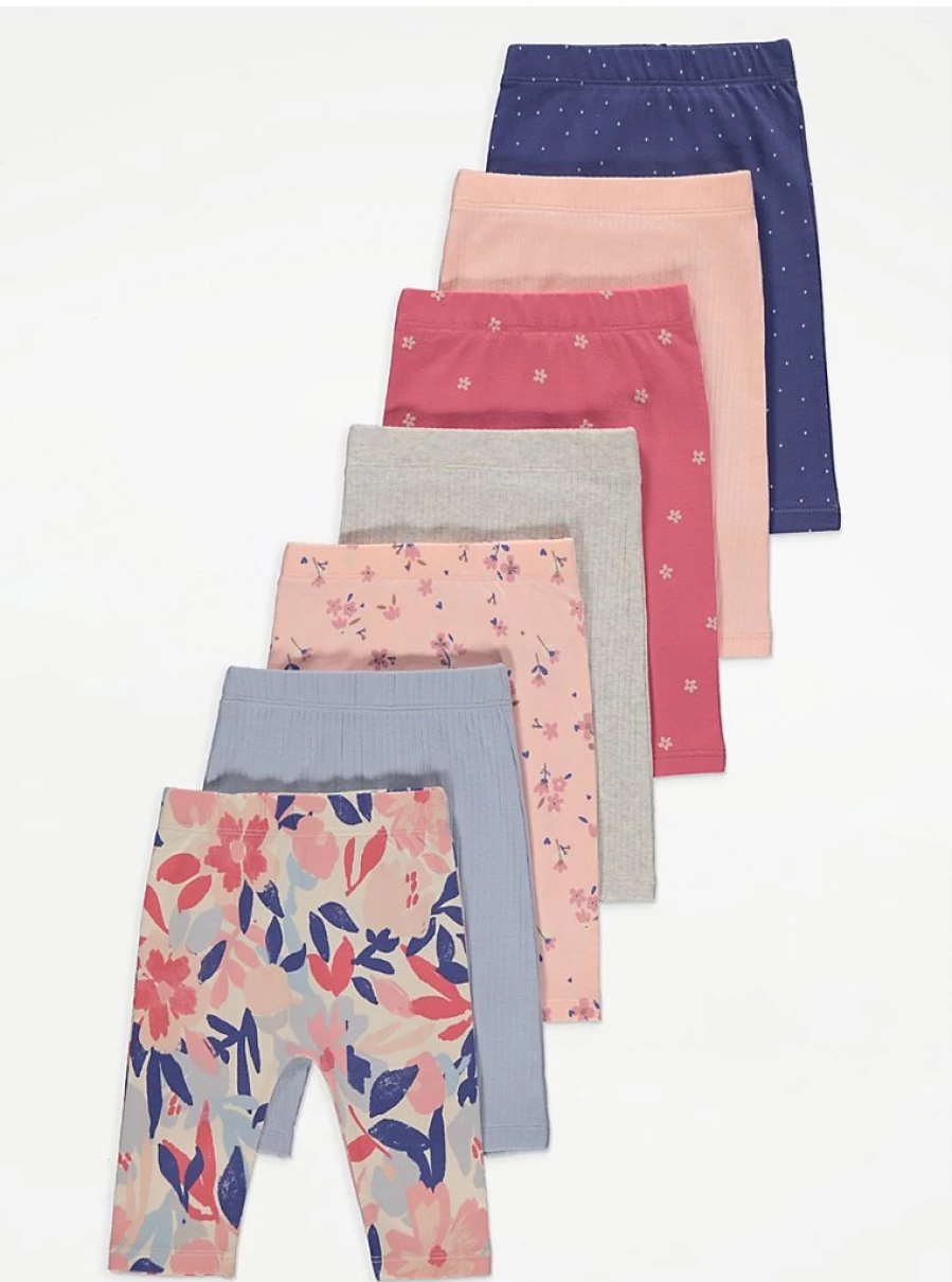 George at Asda Baby Girls' 7-Pack Floral Ribbed Leggings | Assorted Colors & Patterns