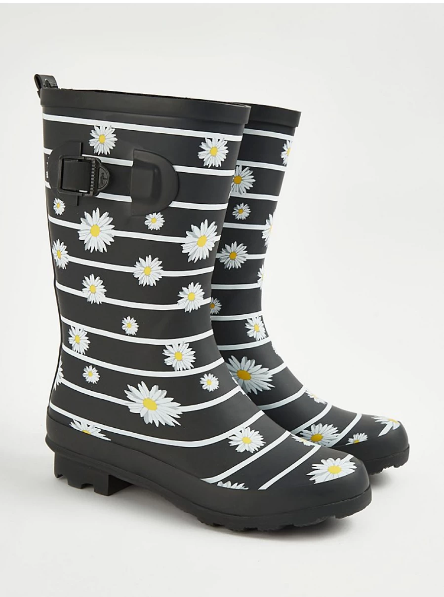 Women's Black Daisy Print Stripe Matte Wellington Boots by George at Asda | Waterproof Ankle Rain Boots Review