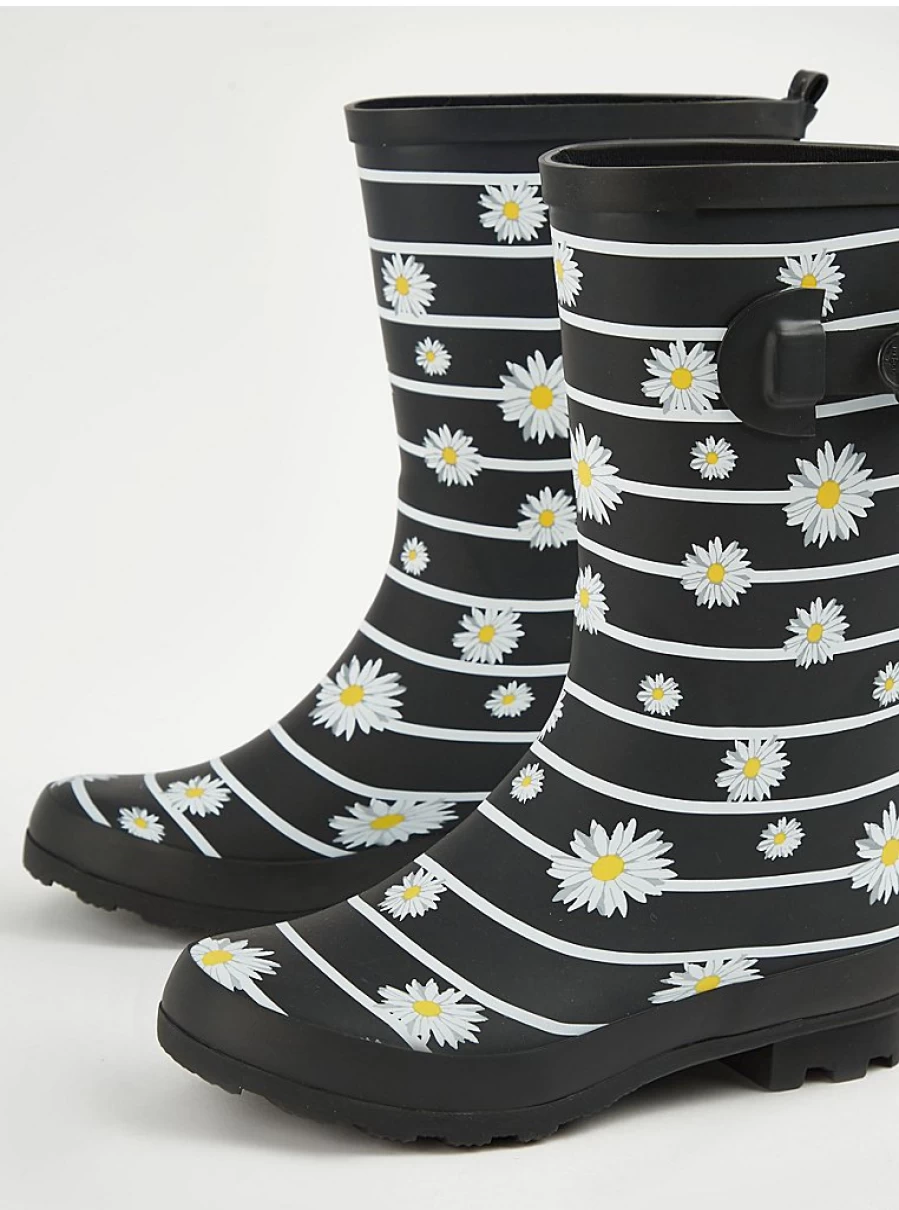 Women's Black Daisy Print Stripe Matte Wellington Boots by George at Asda | Waterproof Ankle Rain Boots Review