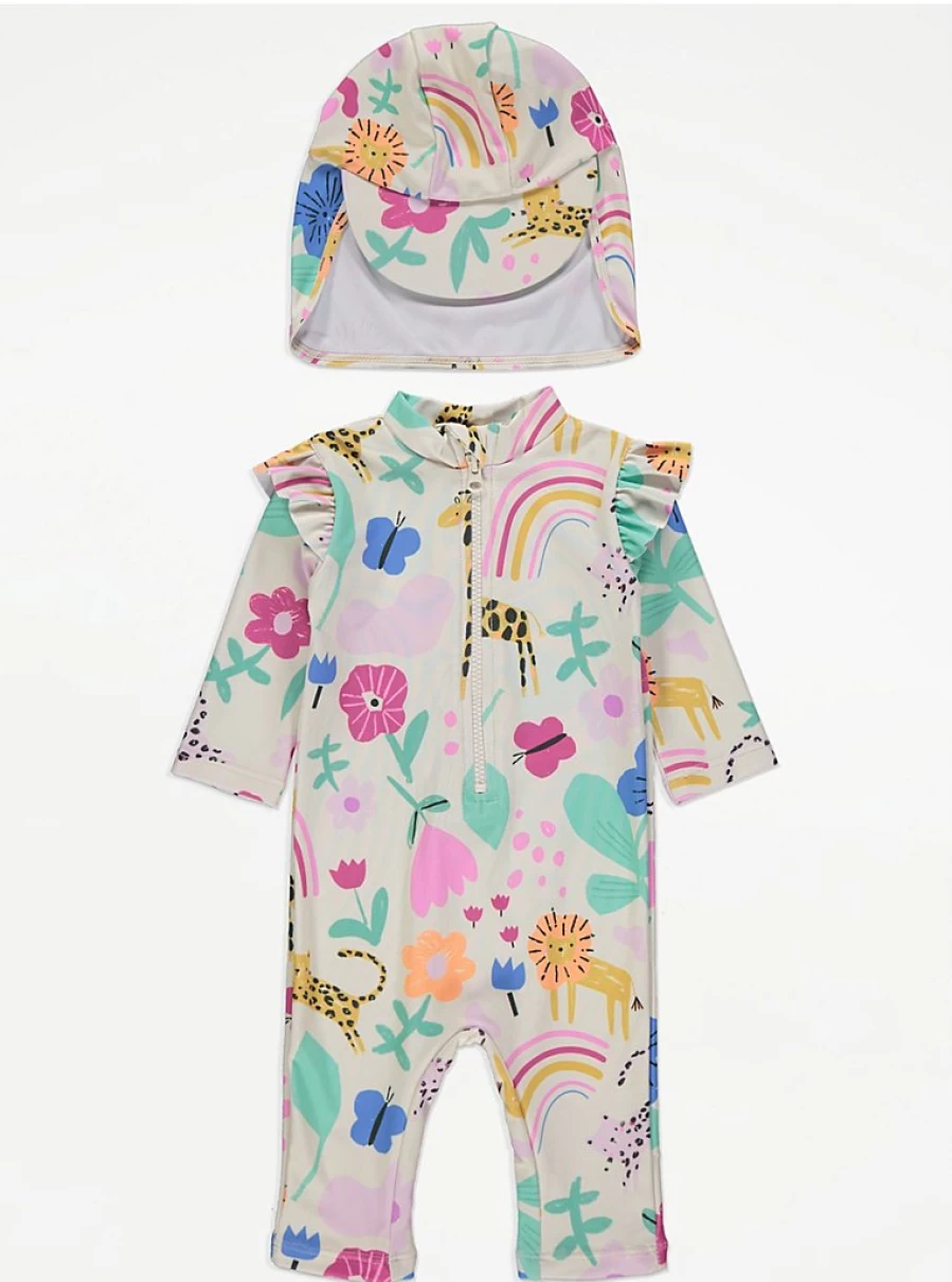 "George at Asda Baby Bright Animal All-in-One Sun Safe Swimsuit with Keppi Hat – UV Protection Swimwear"