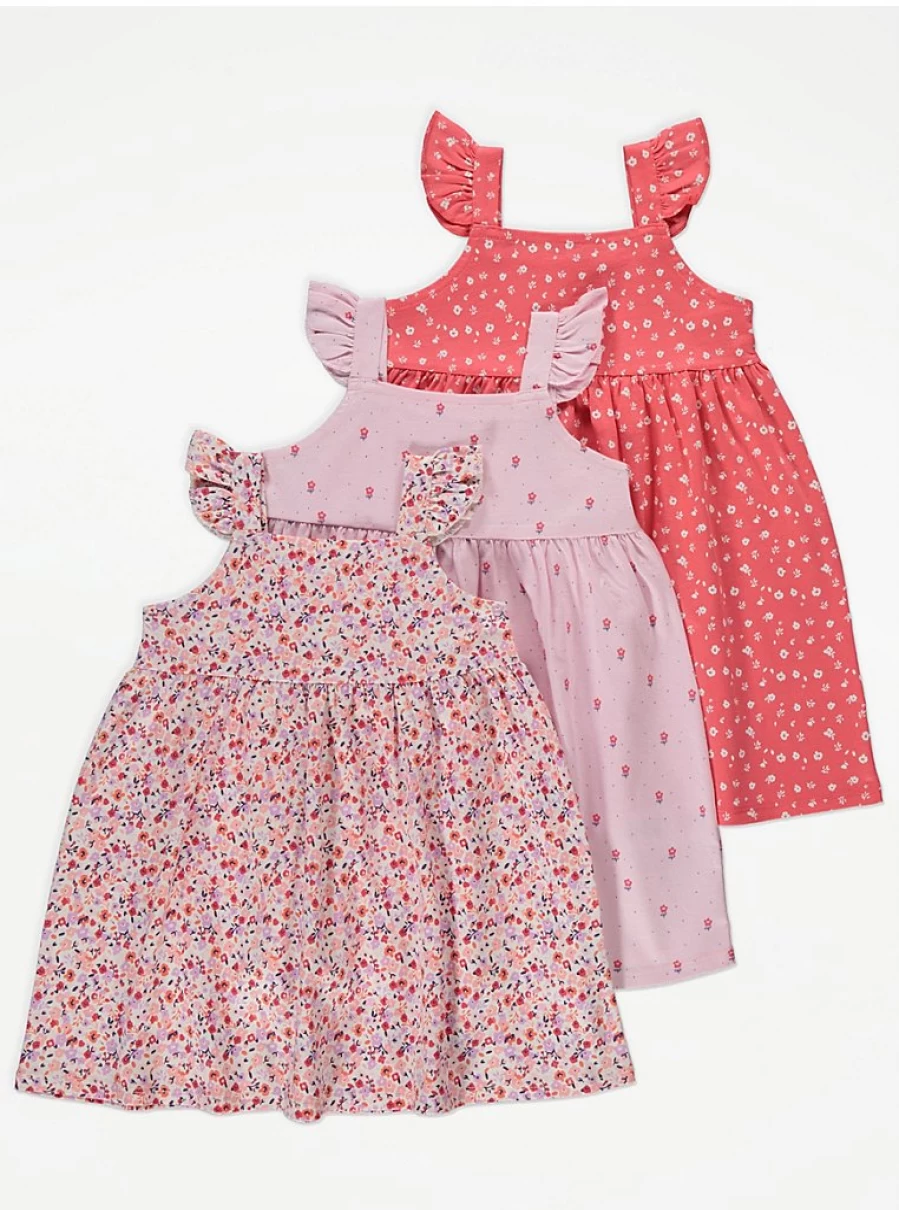 "George at Asda Girls' Pink Ditsy Floral Frill Sleeve Dresses 3-Pack"