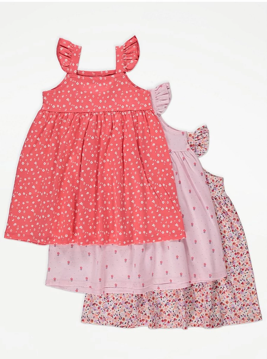 "George at Asda Girls' Pink Ditsy Floral Frill Sleeve Dresses 3-Pack"