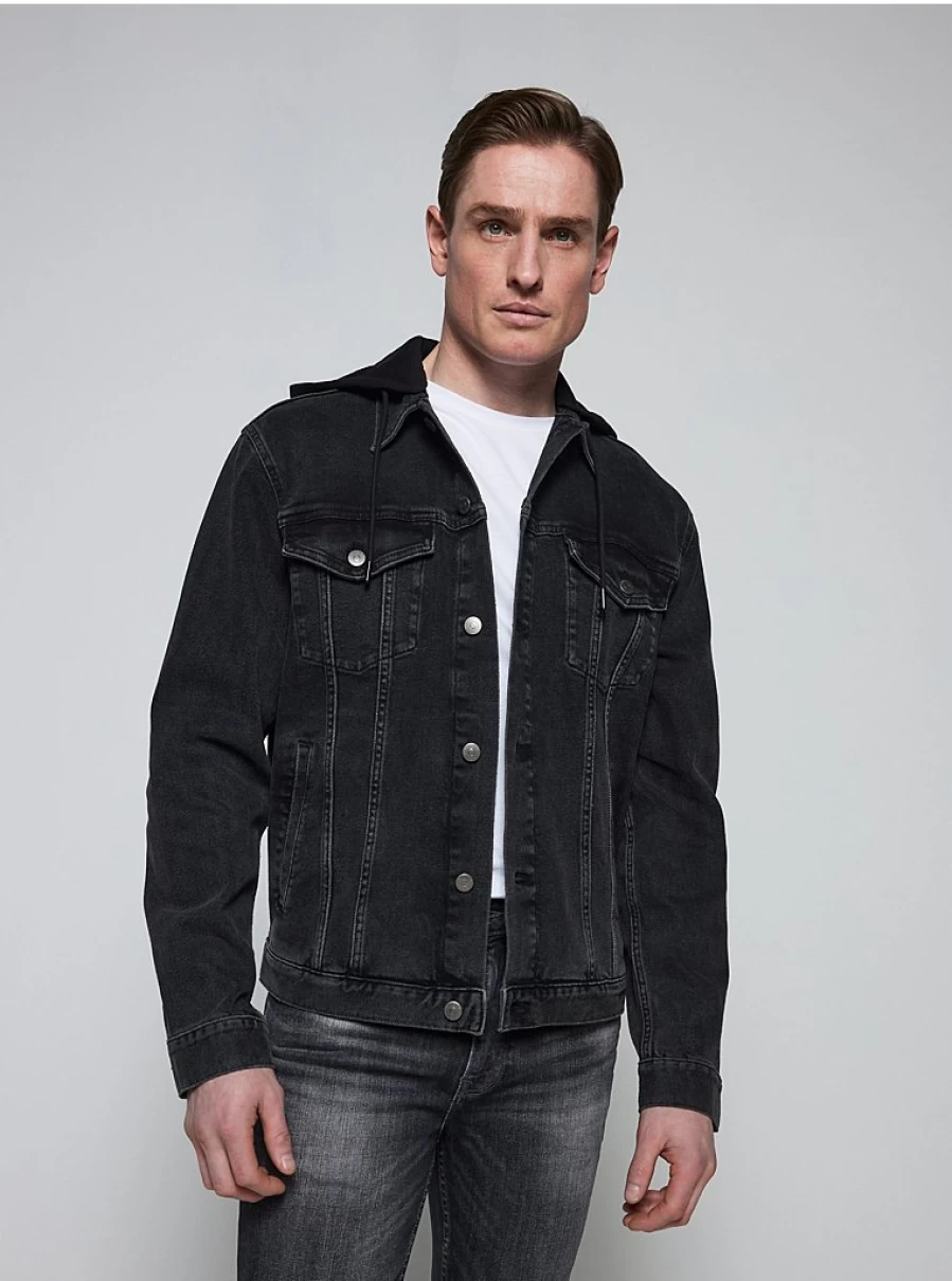 Men's Black Denim & Jersey Hooded Jacket by George at Asda – Stylish Casual Coat Review