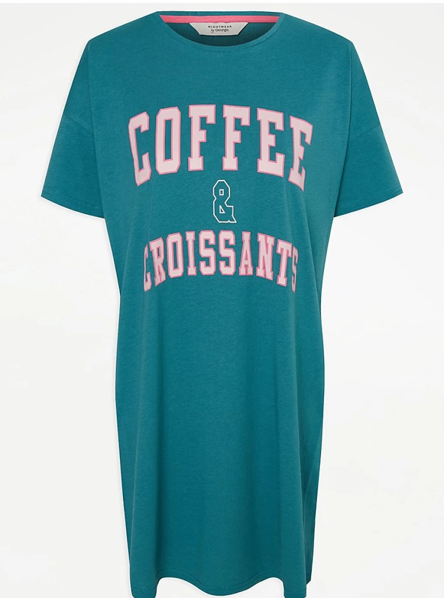 "George at Asda Green Coffee & Croissants Slogan Nightdress - Women's Lingerie Sleepwear"