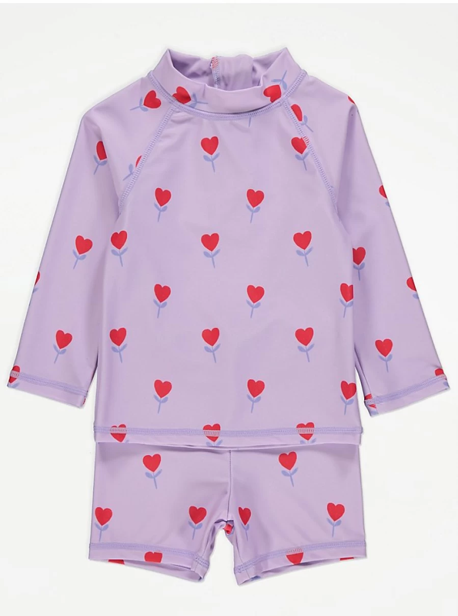 "George at Asda Girls' Lilac Tulip Heart Print Long Sleeve Swim Top and Shorts Set Review"