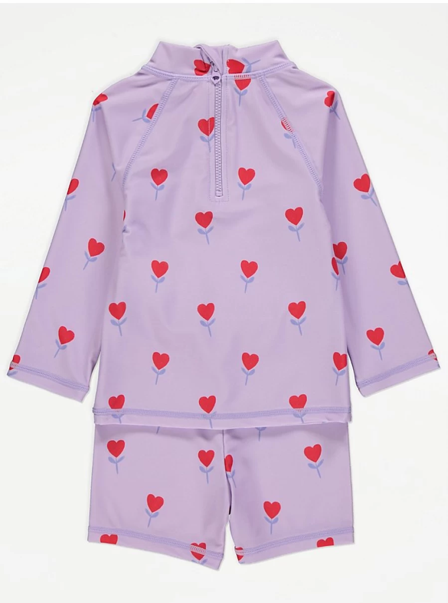 "George at Asda Girls' Lilac Tulip Heart Print Long Sleeve Swim Top and Shorts Set Review"