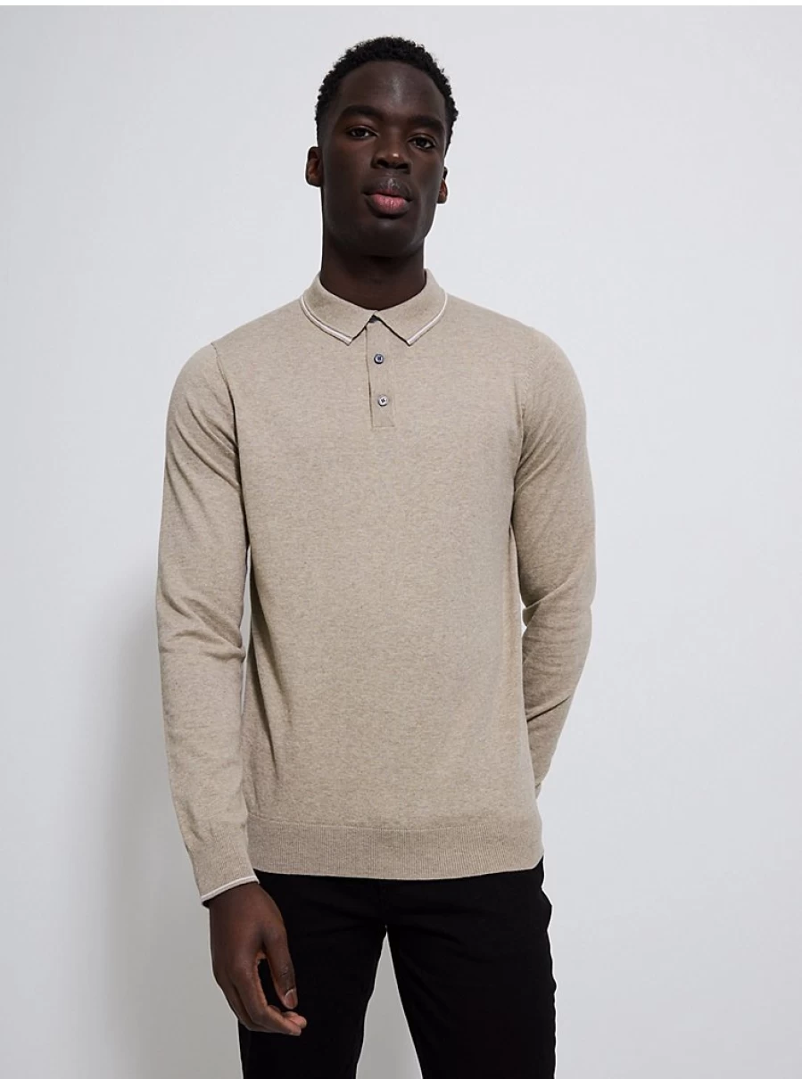 Men's Beige Long Sleeve Knit Polo Shirt | George at Asda | Comfort & Style