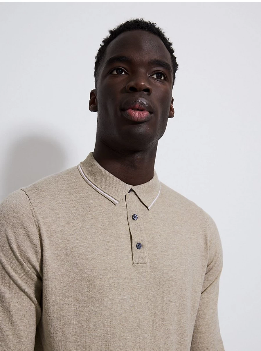 Men's Beige Long Sleeve Knit Polo Shirt | George at Asda | Comfort & Style