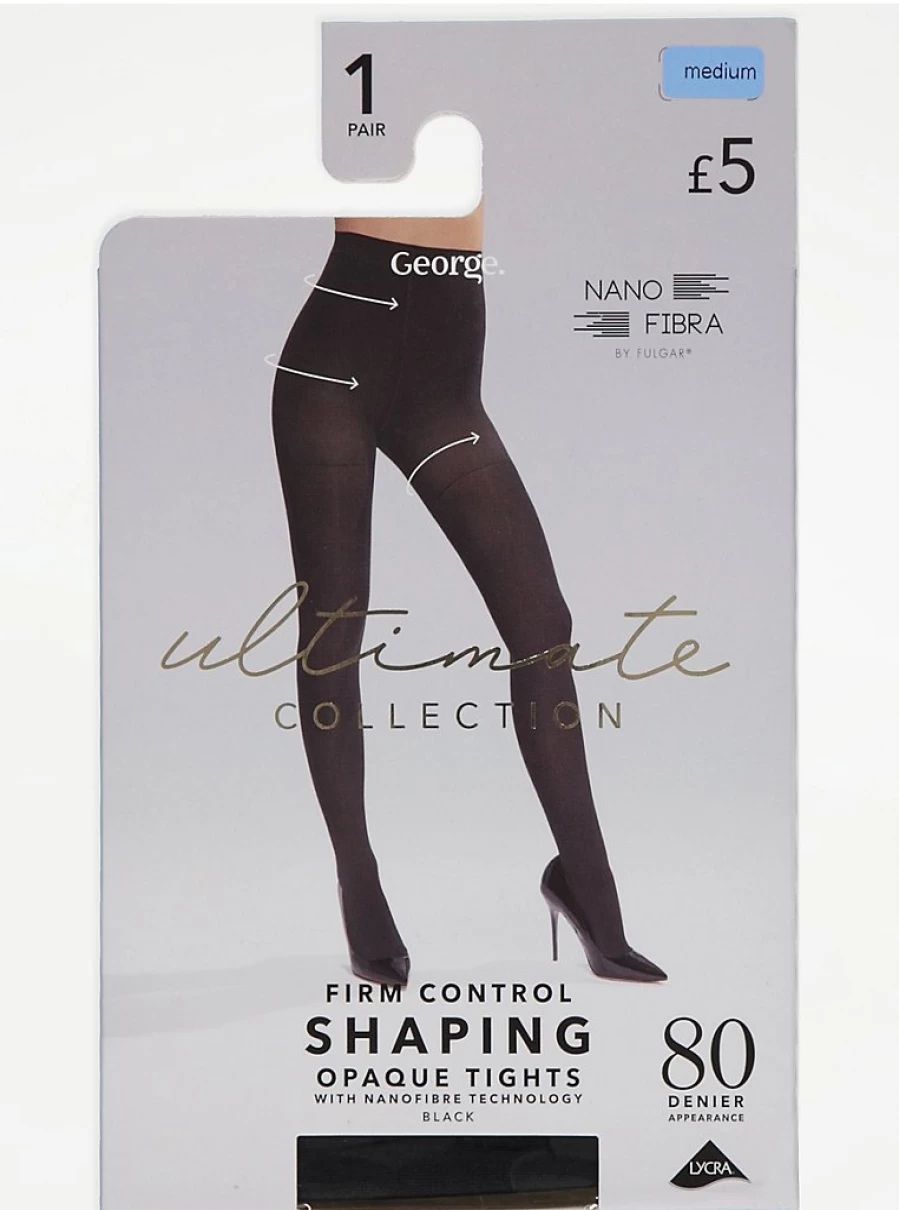 "George at Asda Black 80 Denier Firm Control Shaping Tights for Women – Comfortable & Slimming Lingerie"