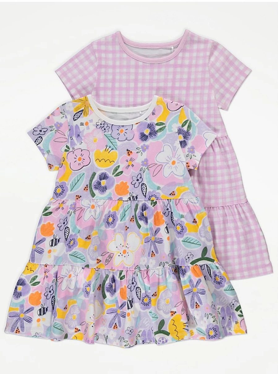 "George at Asda Girls' 2-Pack Purple Floral Gingham Tiered Dresses for Kids"