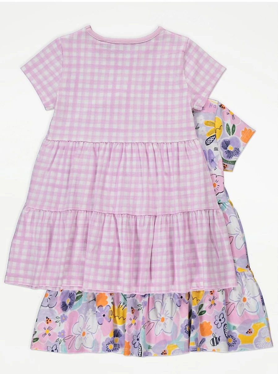 "George at Asda Girls' 2-Pack Purple Floral Gingham Tiered Dresses for Kids"