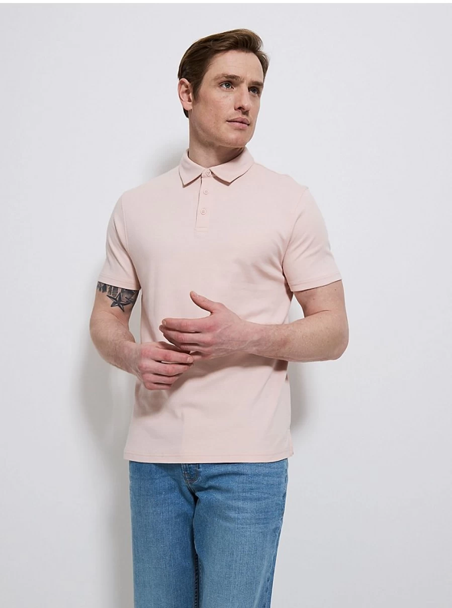 "Men's Light Pink Cotton Short Sleeve Polo Shirt | George at Asda"