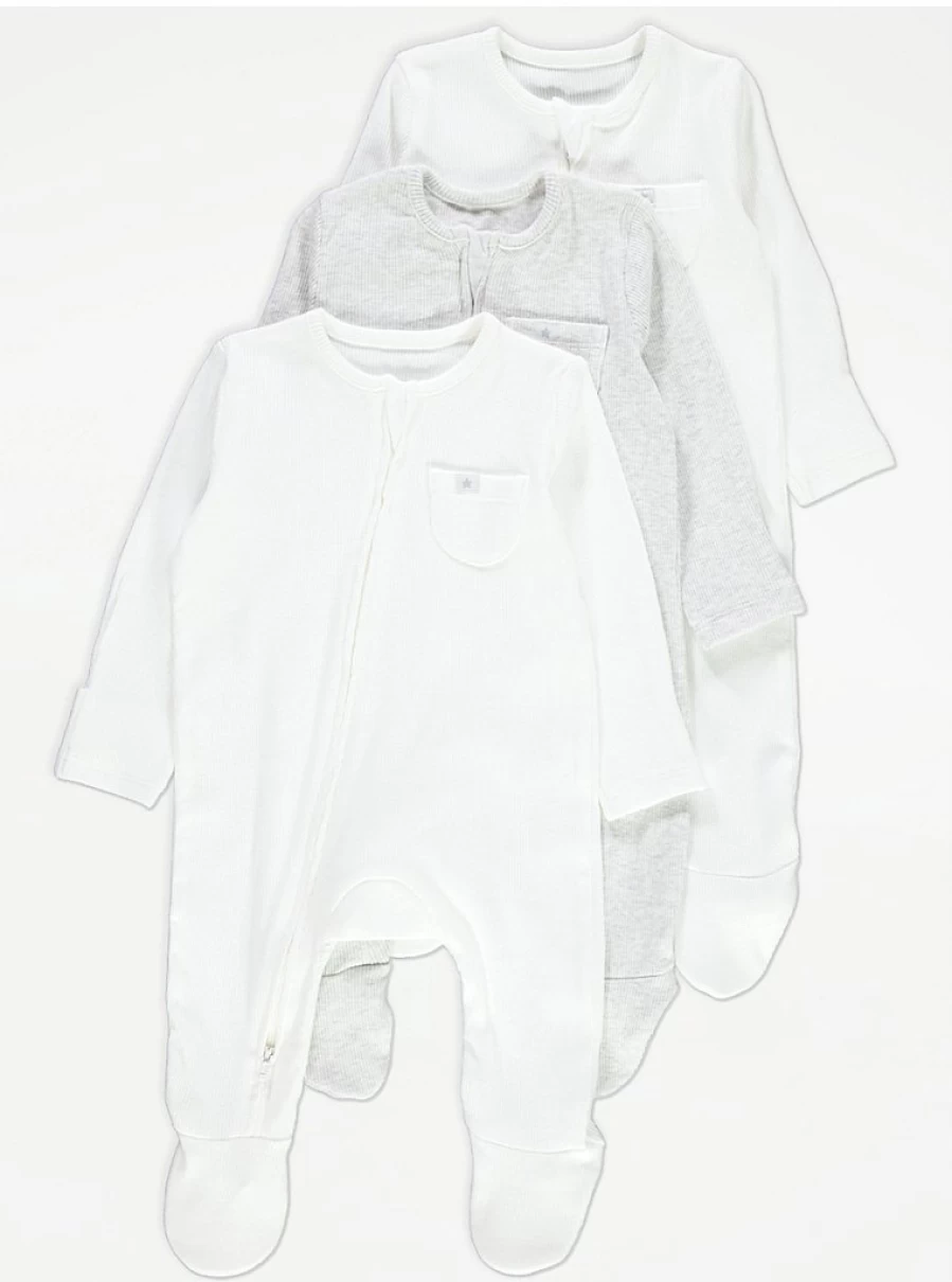 George at Asda Baby Ribbed Sleepsuits 3-Pack with Pockets & Zip Fastening – Soft Cotton Comfort