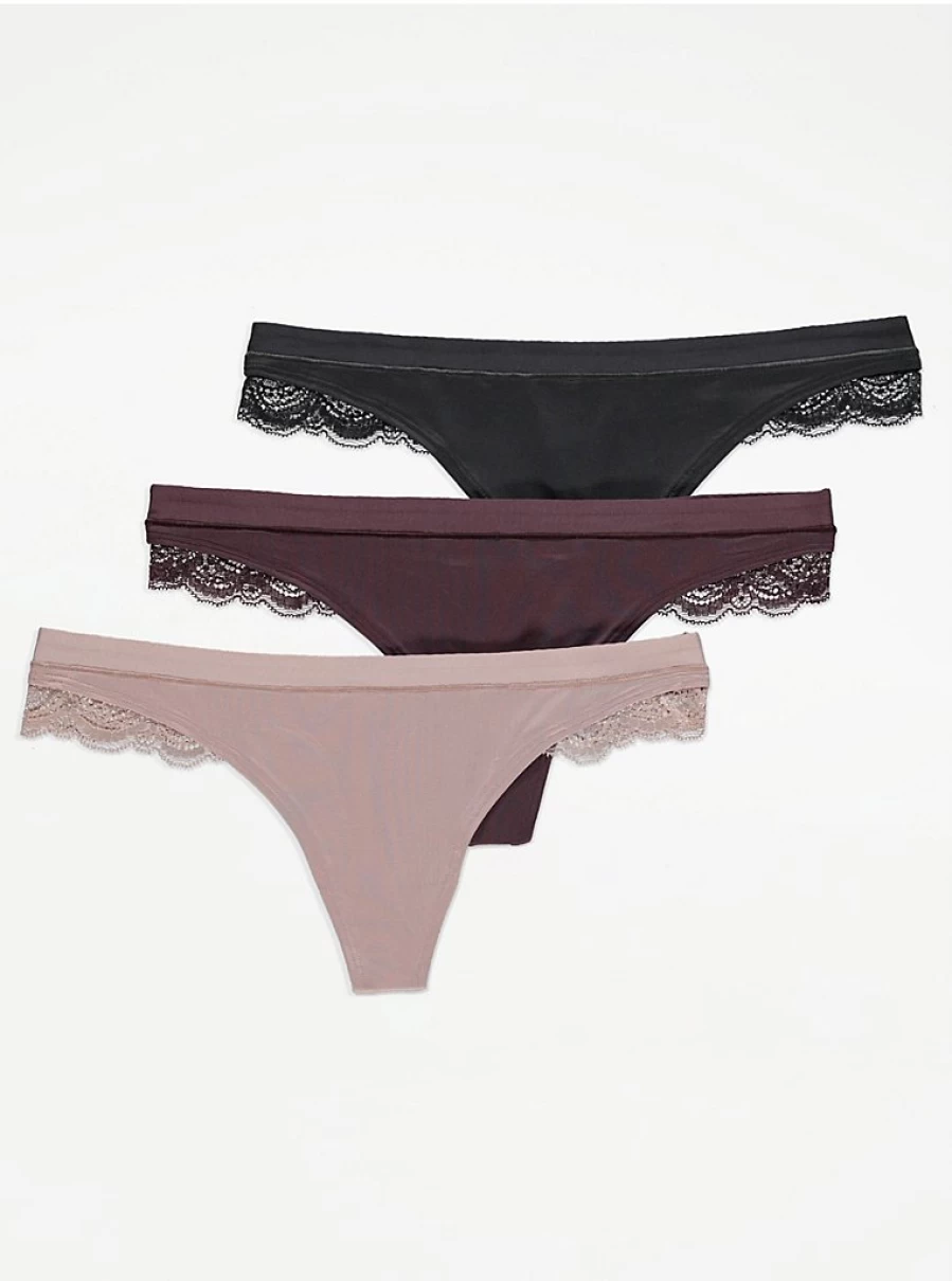 "George at Asda Women's Lace Trim Comfort Thongs 3-Pack | Soft Everyday Underwear"