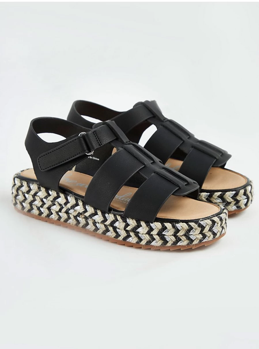 George at Asda Girls' Black Fisherman Espadrille Wedge Sandals | Comfortable Kids' Summer Shoes