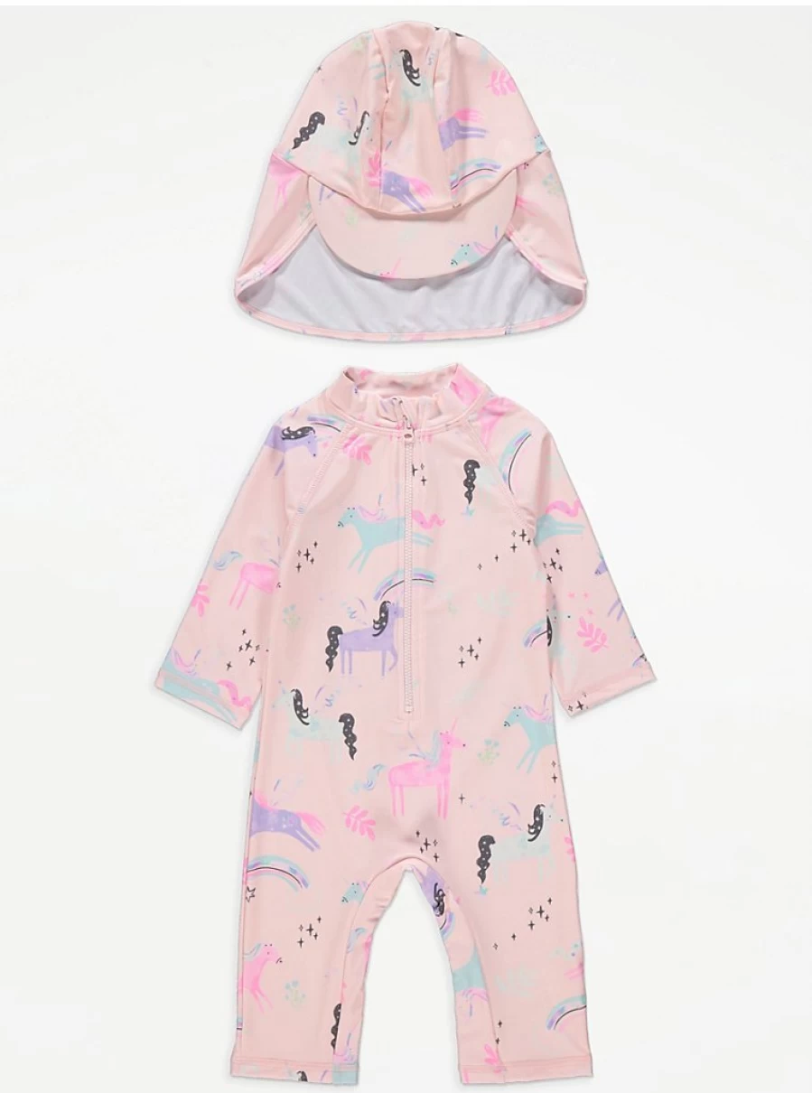 "George at Asda Girls' Pink Unicorn Sunsafe Swimsuit & Keppi Hat Set – Kids UV Protection Swimwear Review"