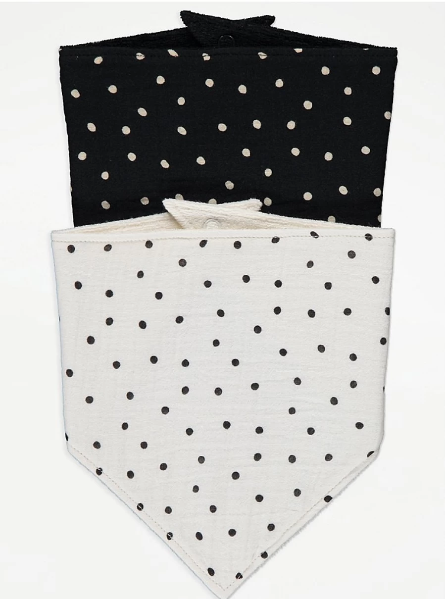 George at Asda Spotty Cheesecloth Baby Dribble Bibs 2-Pack - Soft Absorbent Unisex Drool Bibs for Newborns & Infants