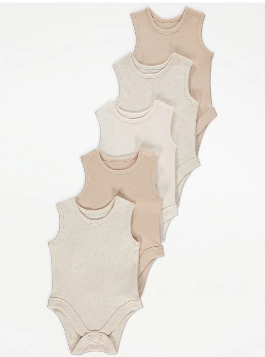 "George at Asda Baby Neutral Sleeveless Bodysuits 5-Pack – Soft Cotton Essentials"