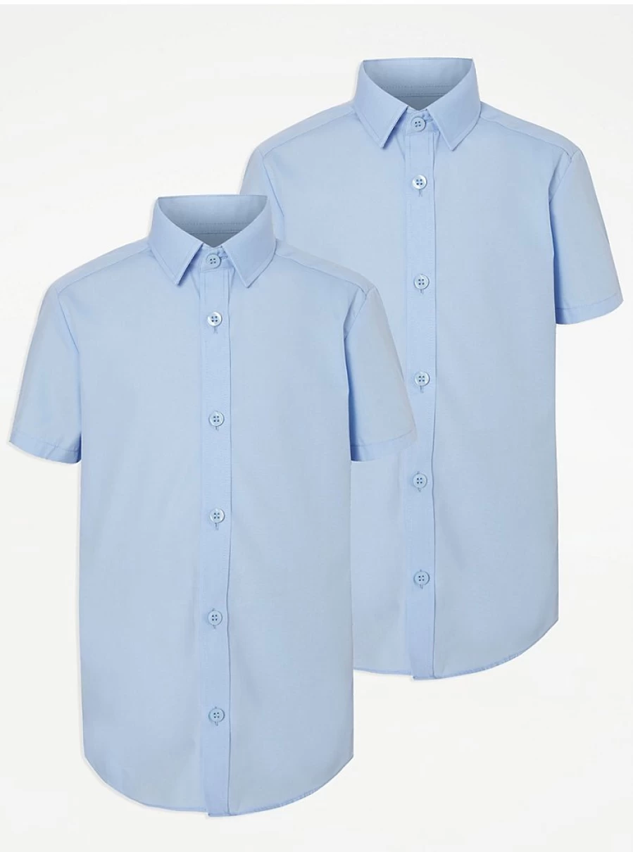 "George at Asda Boys' Slim Fit Light Blue Short Sleeve School Shirts 2-Pack"