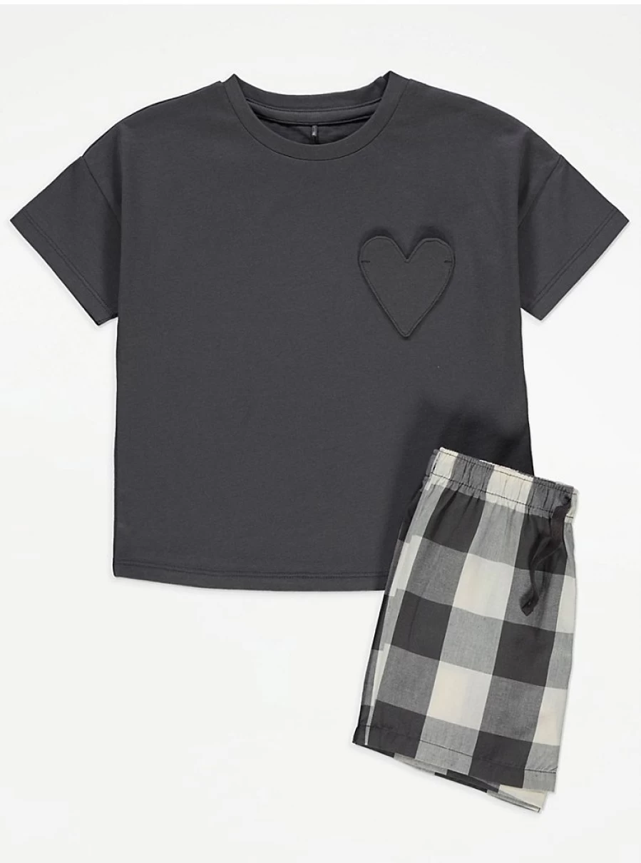 "George at Asda Kids' Charcoal Heart Pocket Checked Short Pyjamas – Comfortable & Stylish"