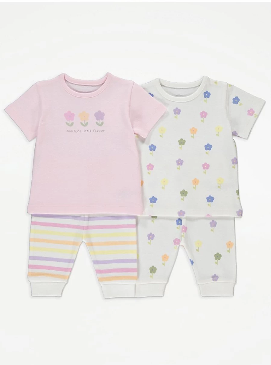 "George at Asda Baby Girls' 2-Pack White Floral Short Sleeve Pyjamas – Soft & Comfortable Sleepwear"