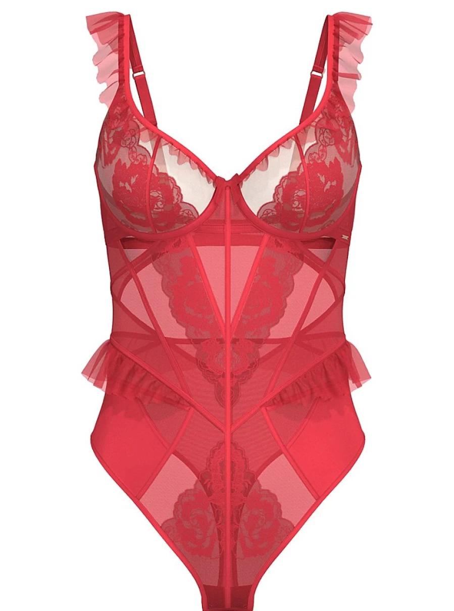 "George at Asda Red Rose Embroidered Ruffle Lingerie Bodysuit | Women's Romantic Lace Underwear"