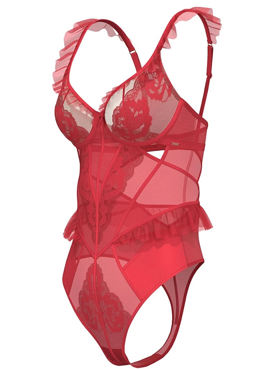 "George at Asda Red Rose Embroidered Ruffle Lingerie Bodysuit | Women's Romantic Lace Underwear"