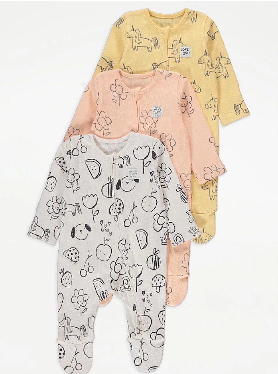 George at Asda Baby Ribbed Sleepsuits 3 Pack with 2-Way Zip - Soft Animal Print Pajamas