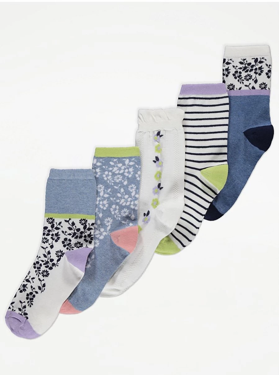 "George at Asda Floral Cotton Ankle Socks 5-Pack - Soft Women's Socks for Comfort"