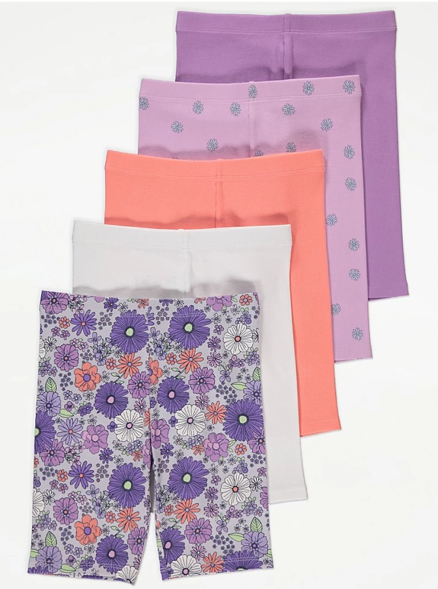 Girls' Purple Ditsy Floral Ribbed Cycling Shorts 5-Pack | George at Asda