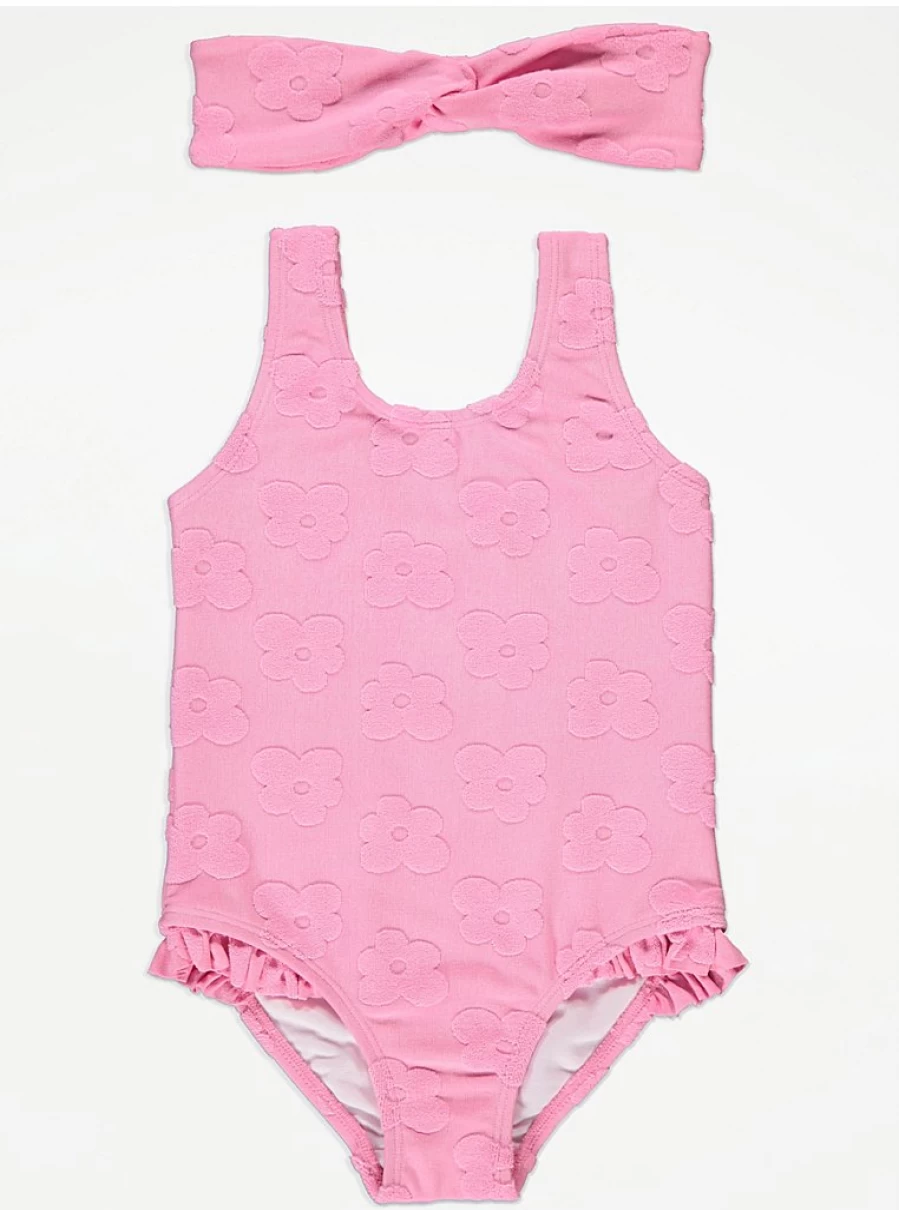 "George at Asda Girls' Pink Floral Towelling Swimsuit with Headband Set – Cute Kids' Swimwear Review"