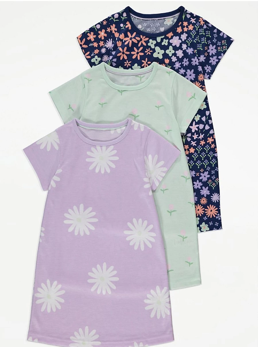 "George at Asda Girls Floral Nightdresses 3 Pack | Comfortable Kids Pajama Set"