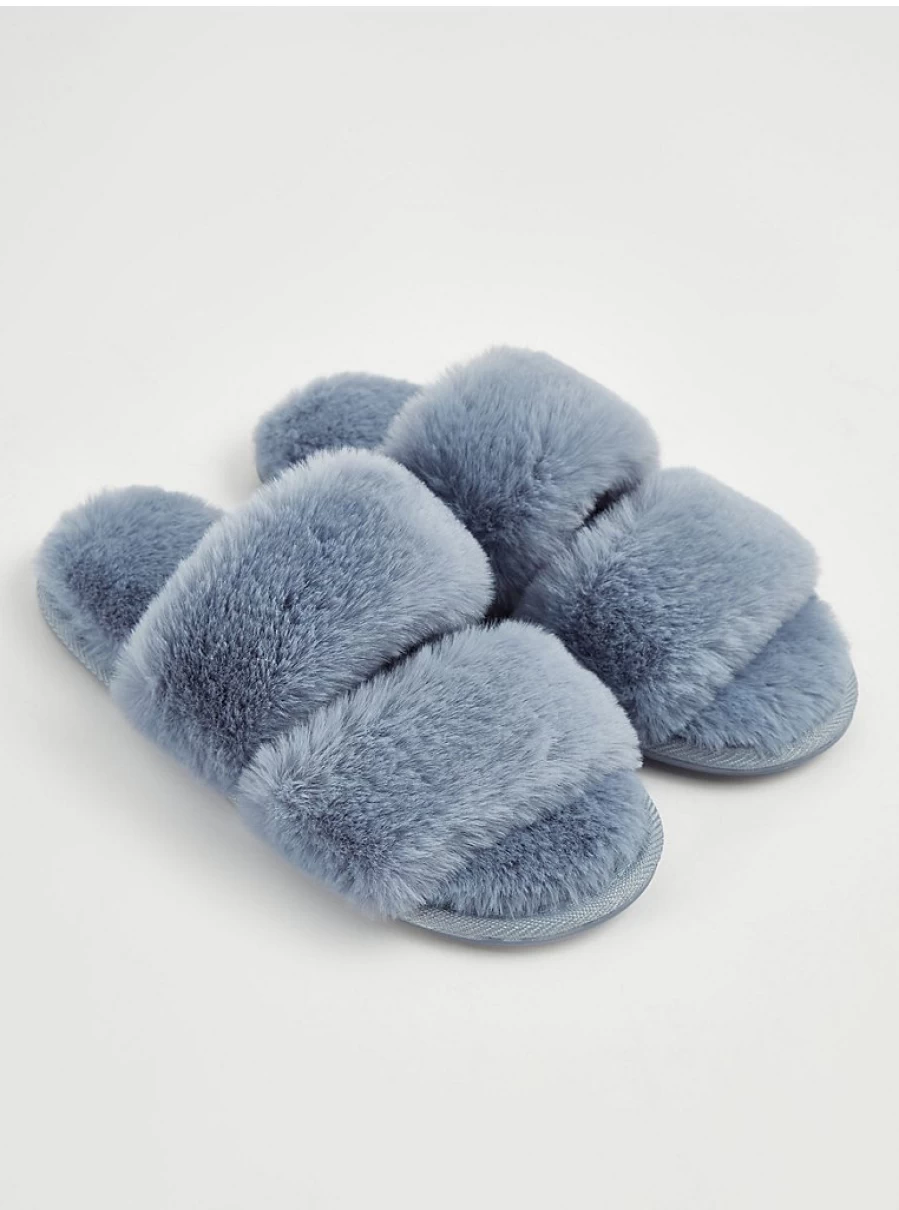 George at Asda Blue Faux Fur Slide Slippers - Cozy Indoor Slides with Plush Fur