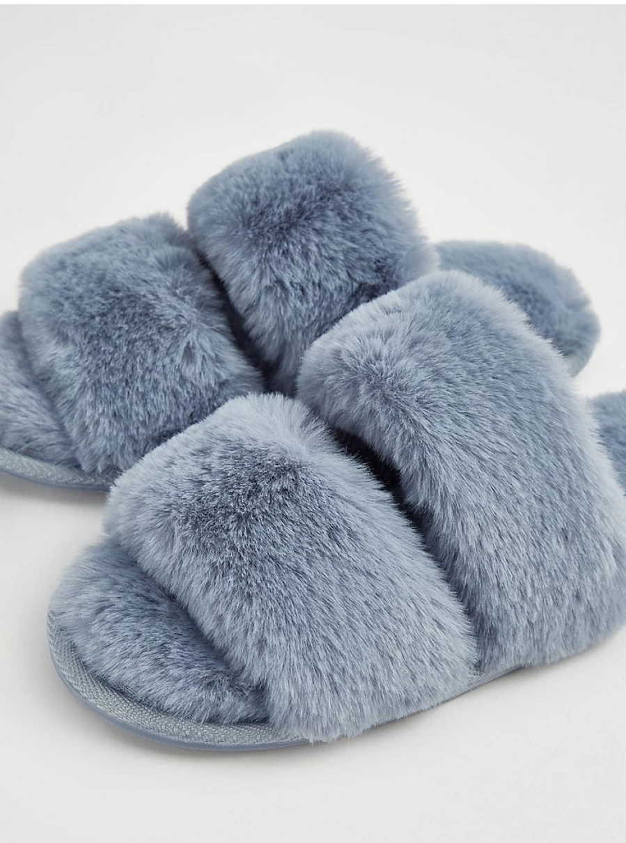 George at Asda Blue Faux Fur Slide Slippers - Cozy Indoor Slides with Plush Fur