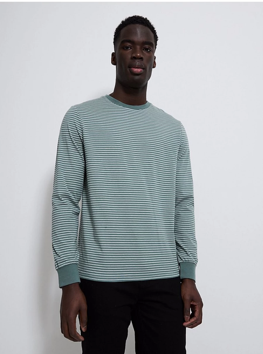 Men's Green Striped Long Sleeve T-Shirt | George at Asda | Comfort Fit Casual Top