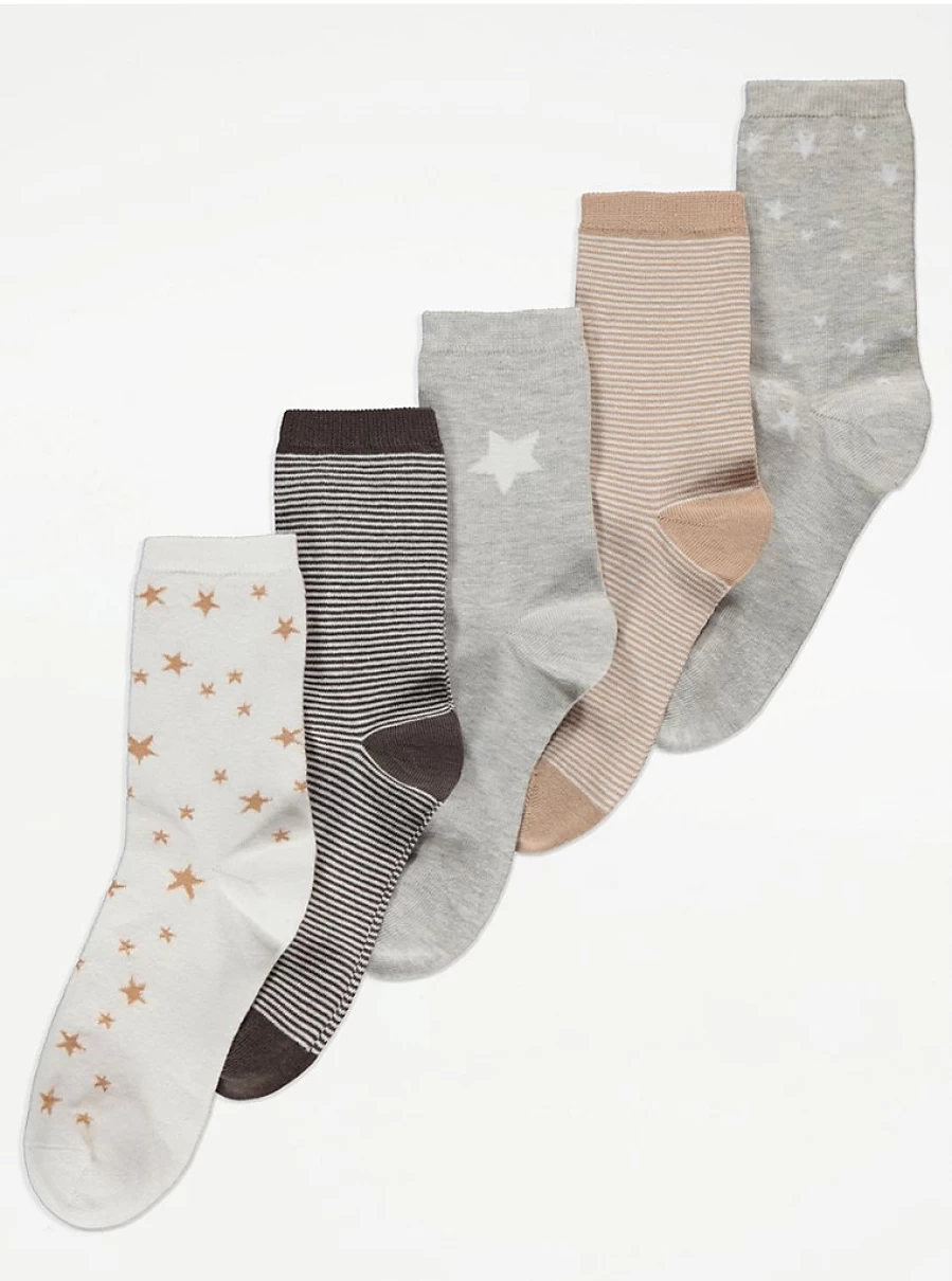 "George at Asda Neutral Stripe Star Ankle Socks 5-Pack | Comfortable Multipack Socks for Women & Men"