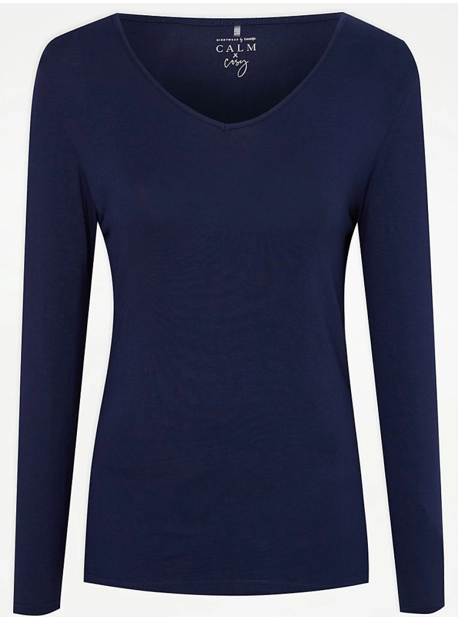 "George at Asda Navy V-Neck Long Sleeve Women's Pyjama Top | Comfortable Sleepwear & Loungewear"