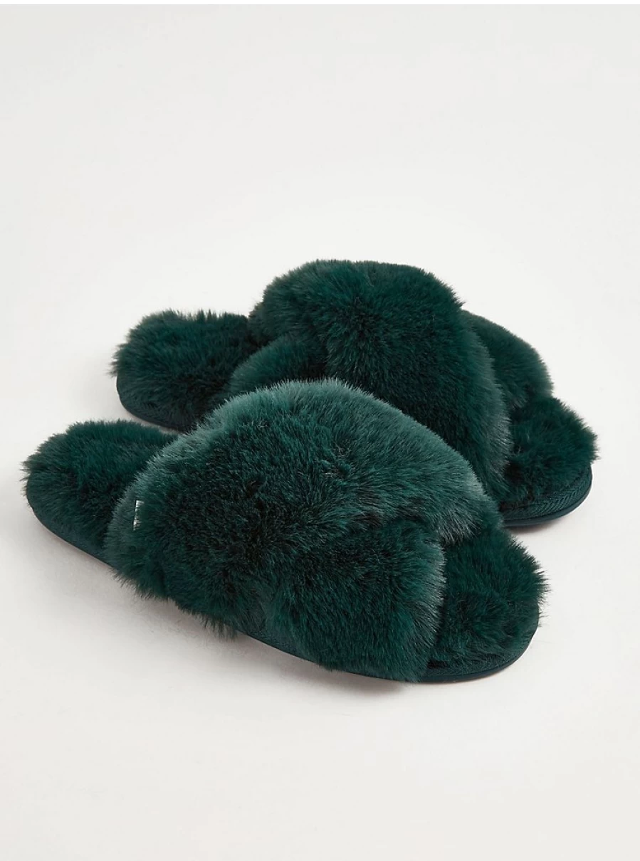 George at Asda Dark Green Faux Fur Slide Slippers - Cozy Indoor & Outdoor Comfort