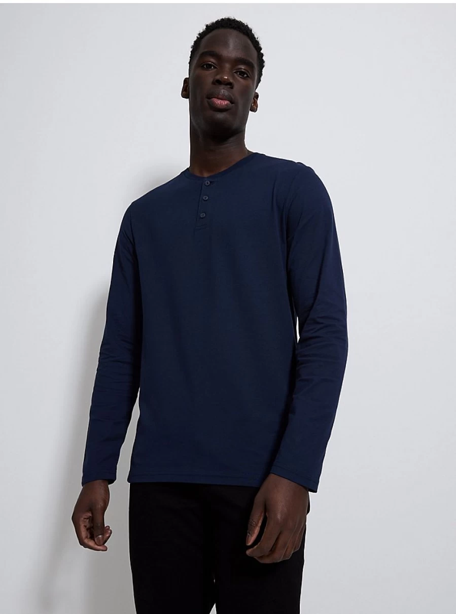 Men's Navy Grandad Collar Long Sleeve Shirt | George at Asda