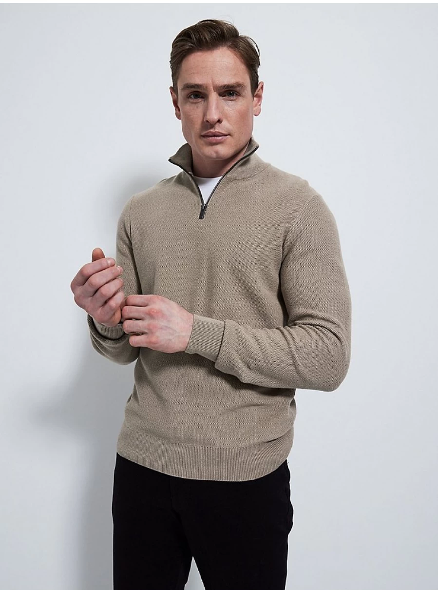 Men's Beige Textured Knit Quarter Zip Jumper | George at Asda