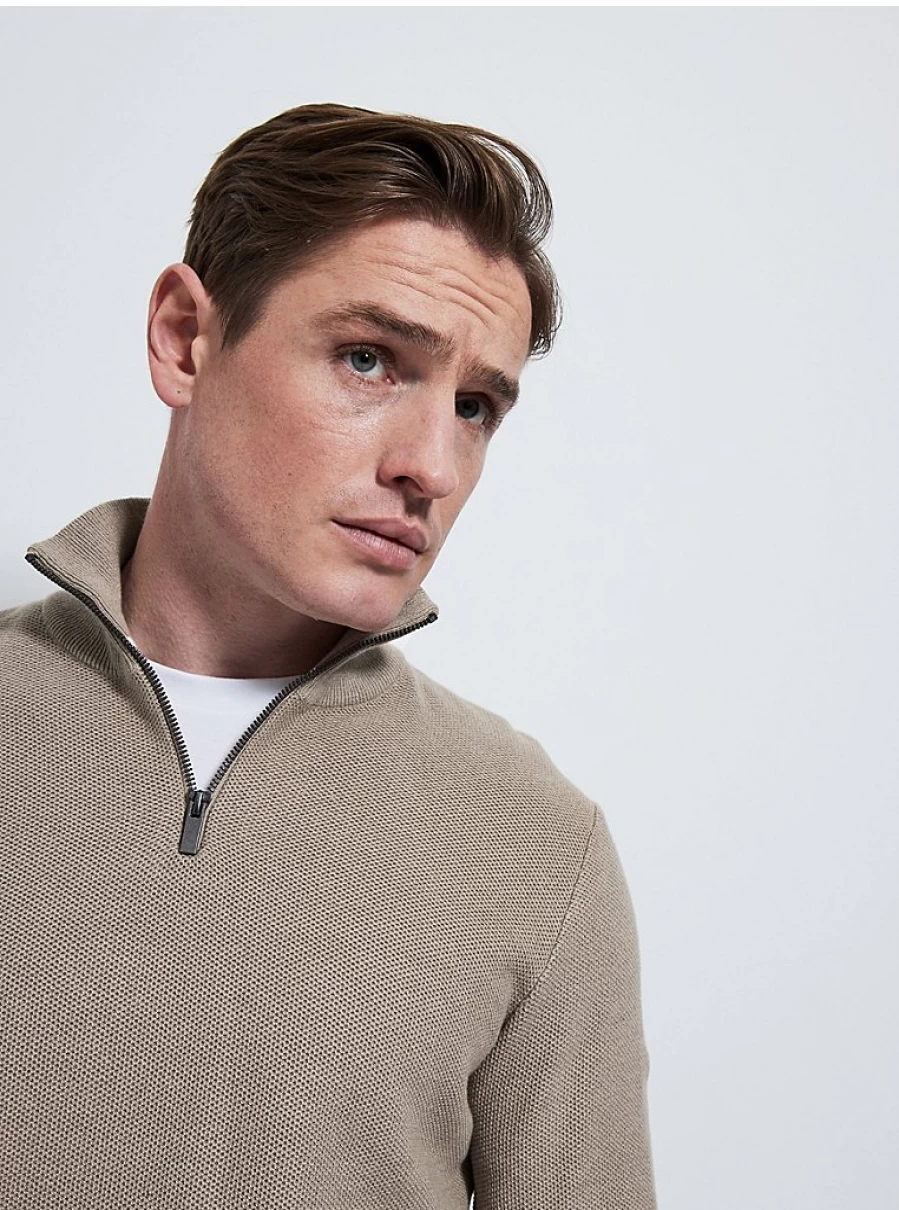 Men's Beige Textured Knit Quarter Zip Jumper | George at Asda
