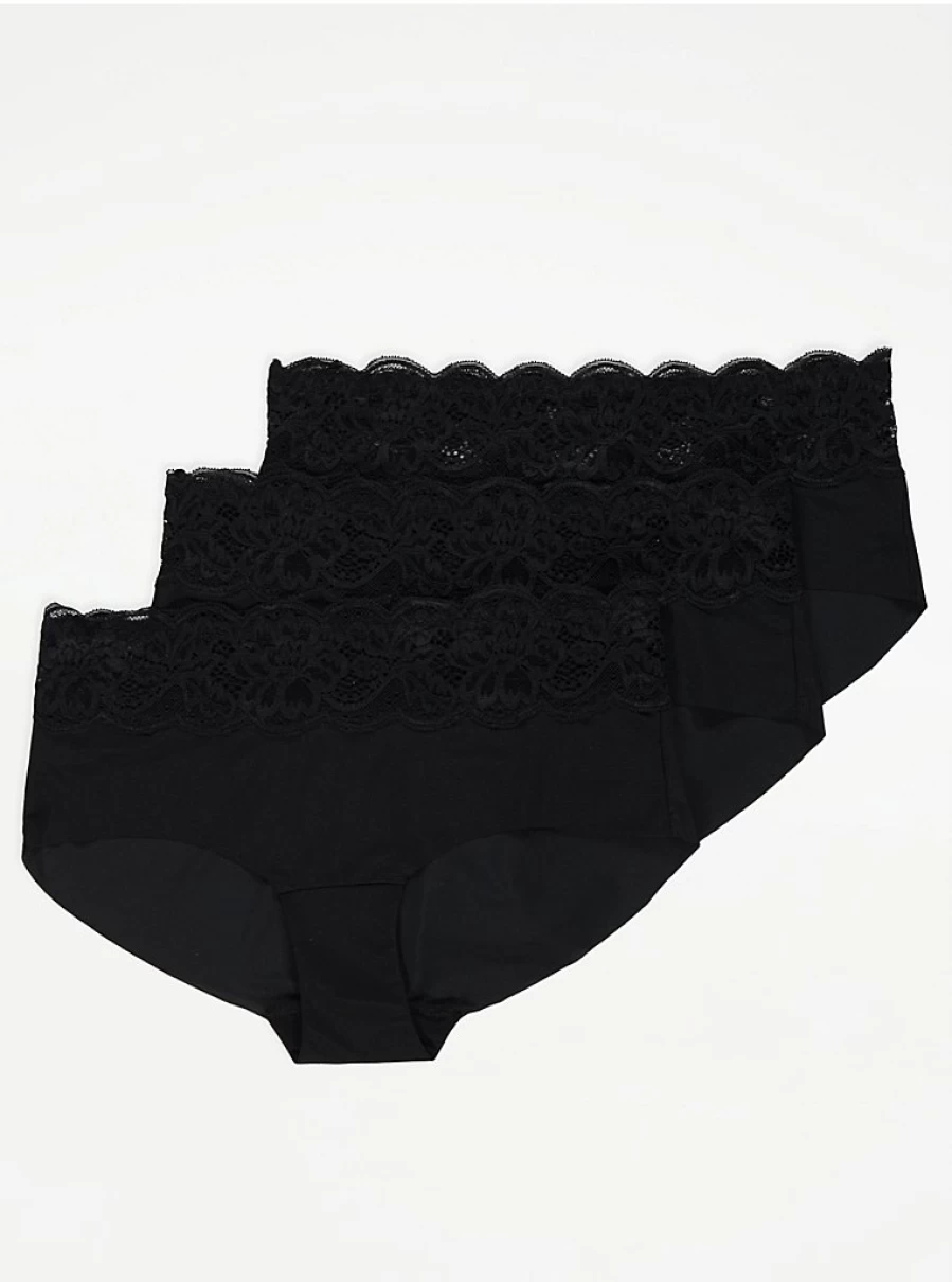Black Lace Trim Short Briefs 3-Pack | Women's Lingerie | George at Asda