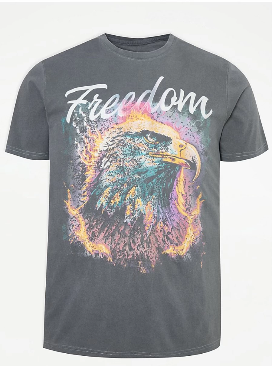 Men's Grey Distressed Eagle & Patriotic Slogan Graphic T-Shirt - George at Asda