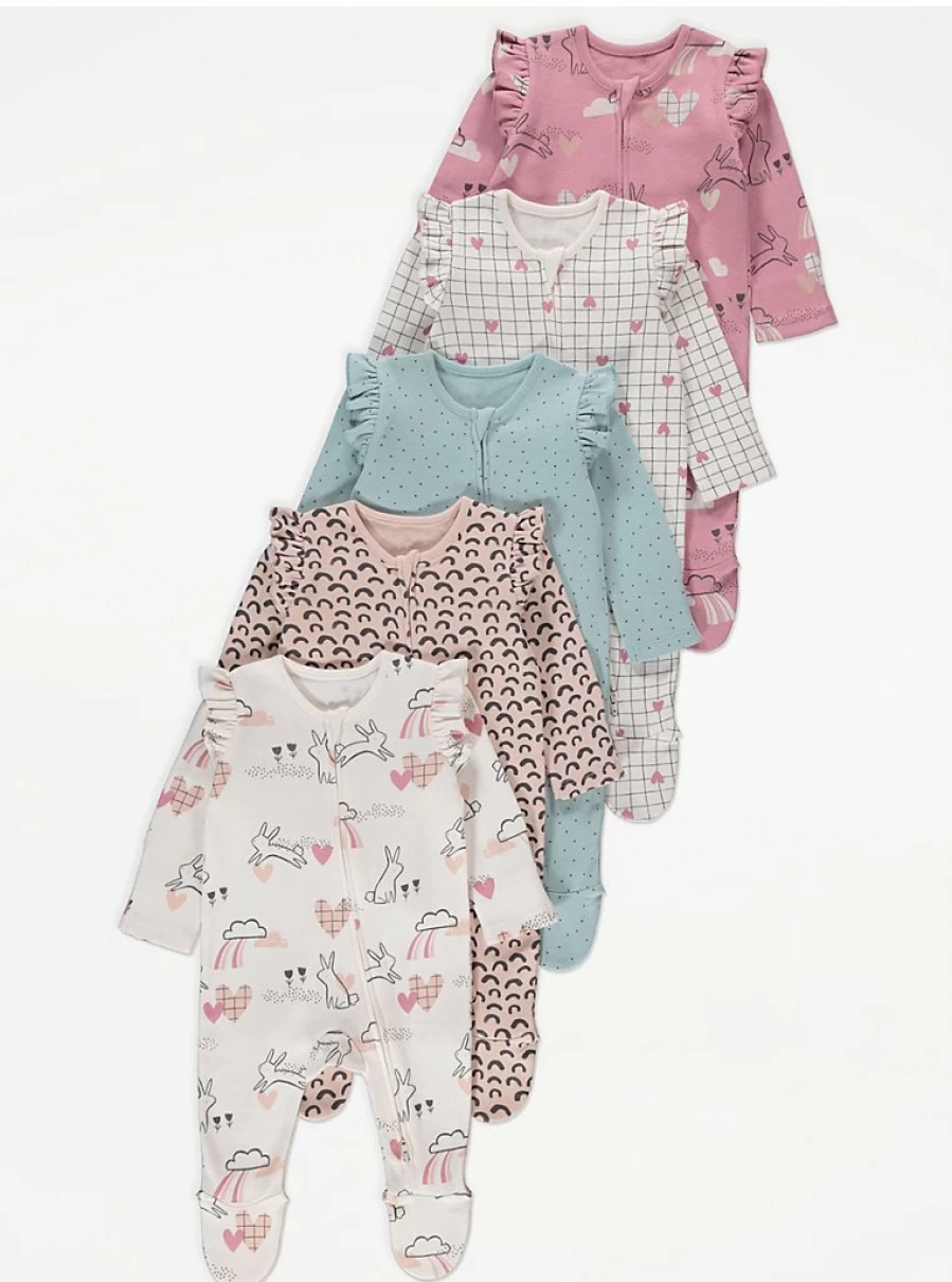 "George at Asda Baby Bunny Spotty Sleepsuits 5-Pack | Soft Zip-Up Pajamas for Infants"