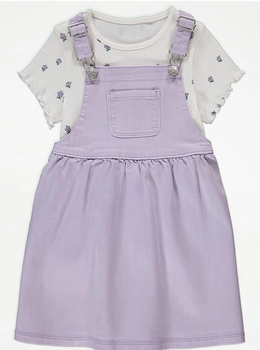 "George at Asda Girls' Purple Floral Frill Top and Pinafore Dress Outfit – Cute Kids' 2-Piece Set"
